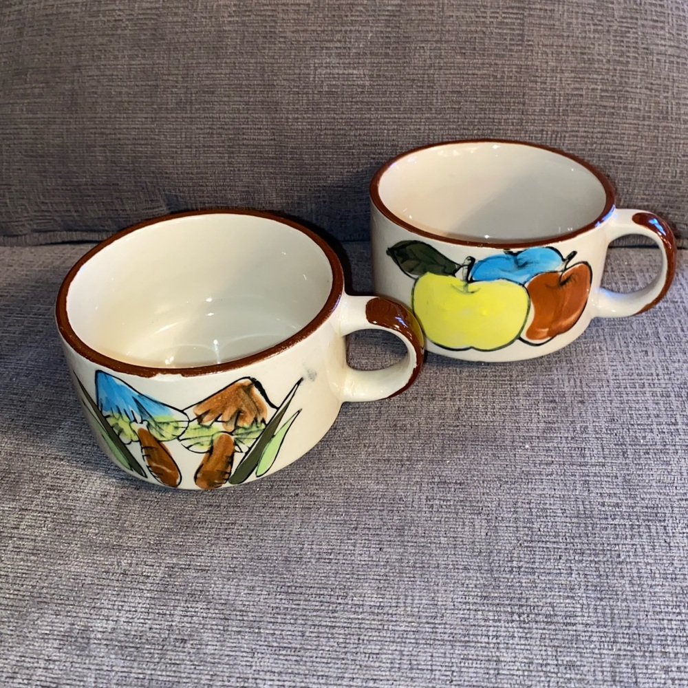 Vintage Pair of Oversized Ceramic Stoneware Soup Mugs Mushroom & Apple Design
